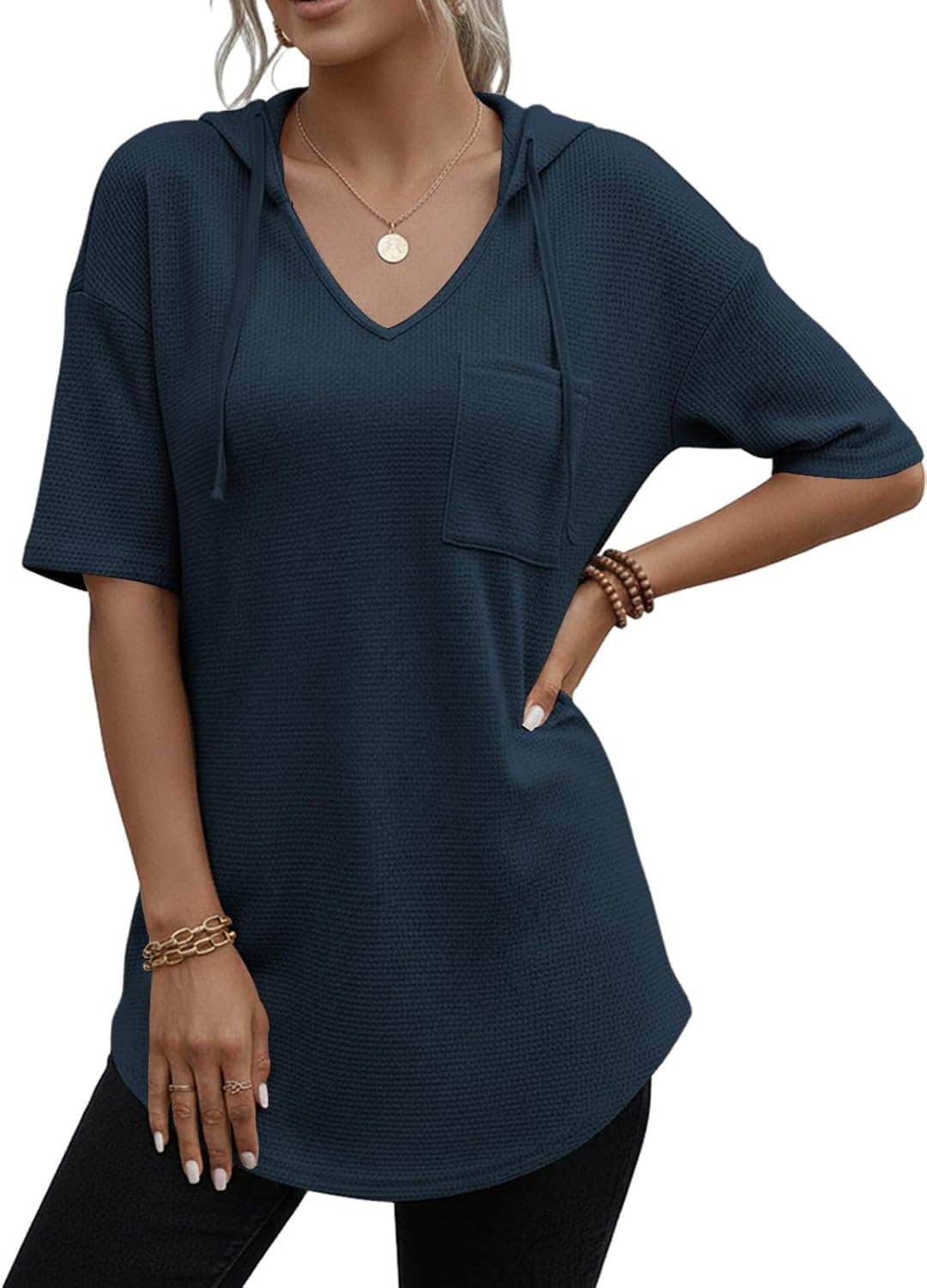 Detalle de Cuptacc Pullover Damen Hoodie mit V-Ausschnitt – Langarm Kapuzenpullover aus weichem Waffelstrick
