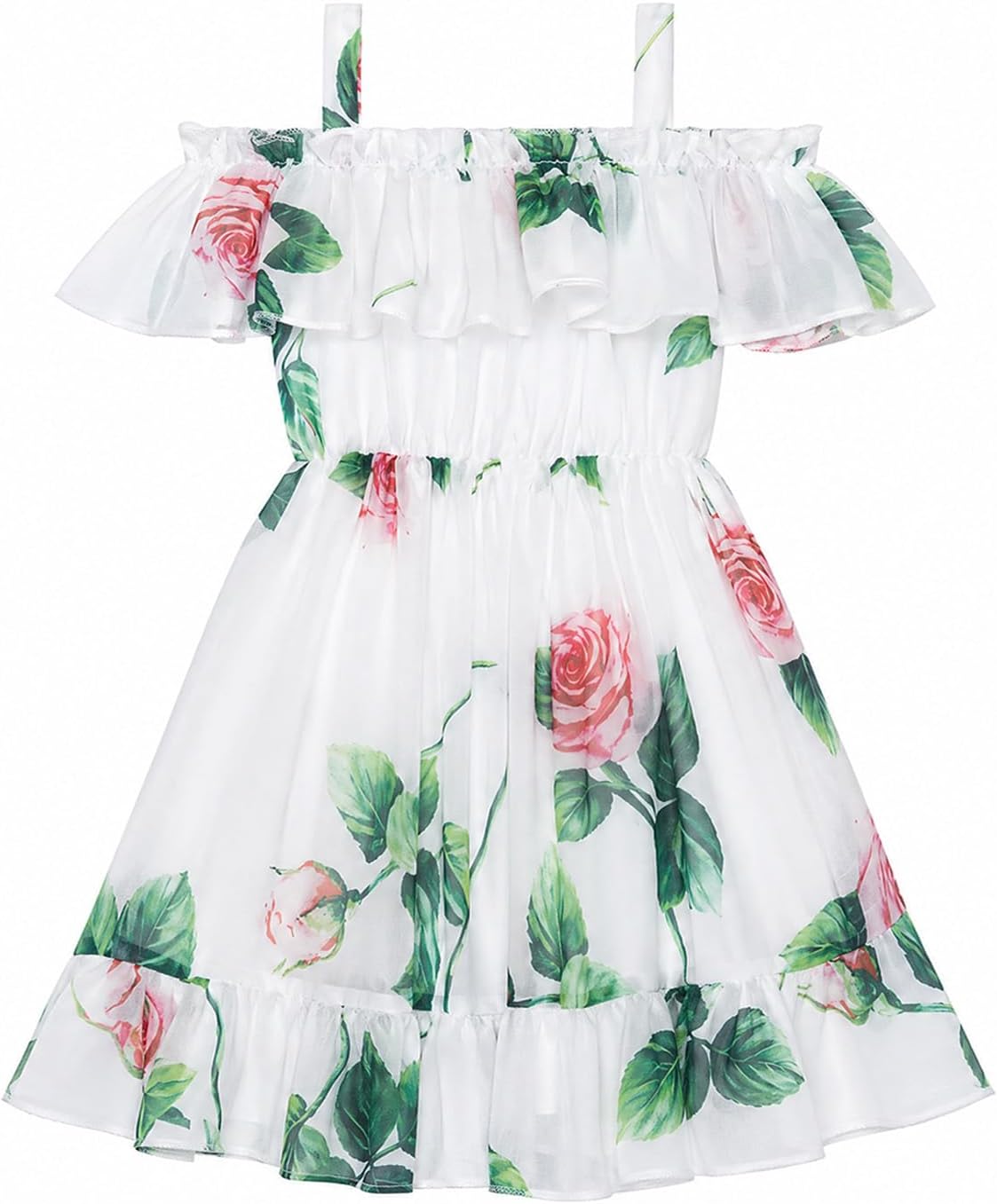 Detalle de JiAmy Toddler Girls Summer Dress – Floral Off-Shoulder Chiffon Ruffle Hem (1–6 Years)
