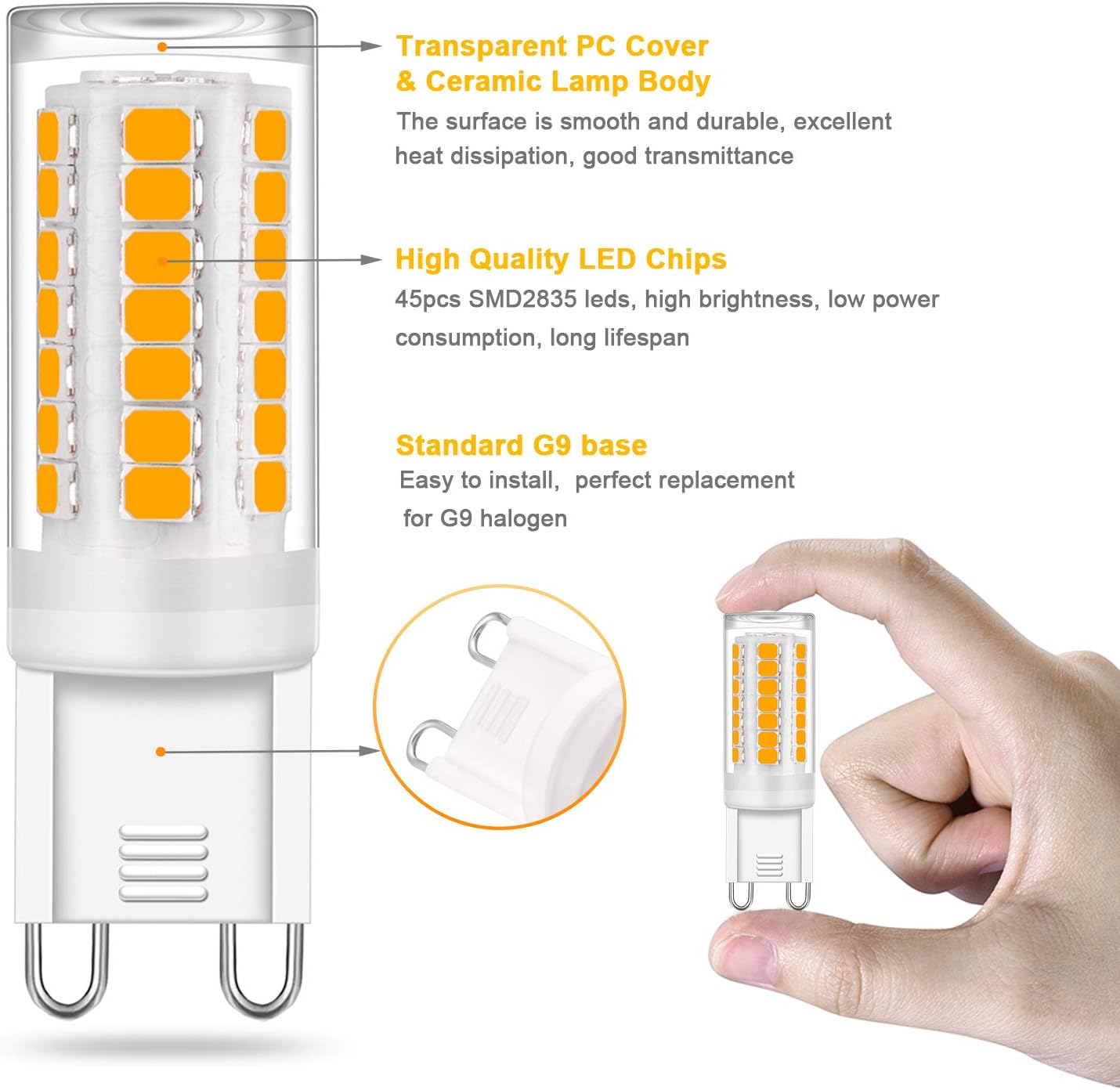 Detalle de YUIIP G9 4W LED Bulb, 3000K Warm White, 400 Lumens, 6-Pack