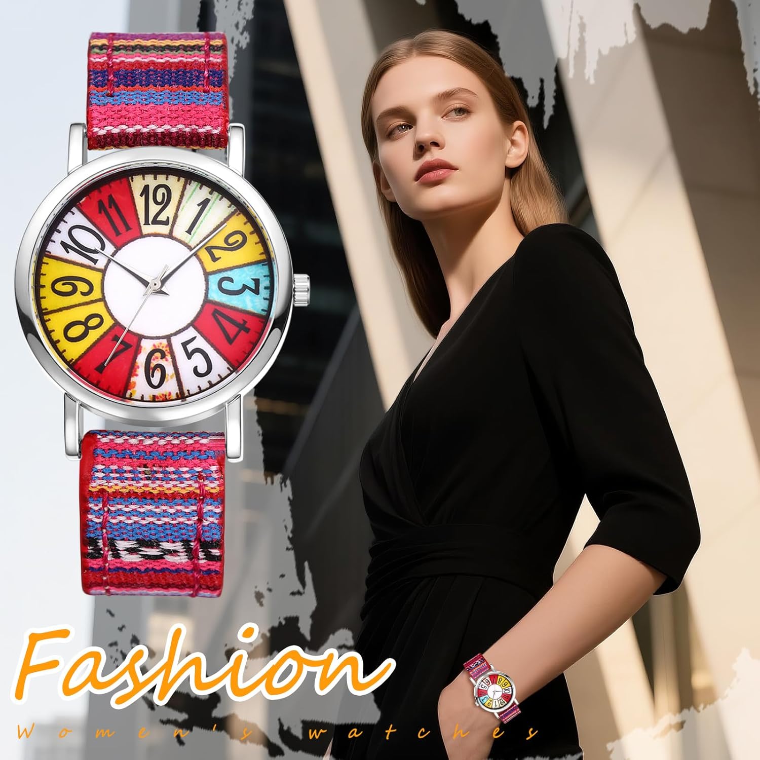 Thumbnail 5 de OIDEA Damen Armbanduhr Boho Hippie mit Leder- und Stoffarmband, analoger Quarz-Uhr
