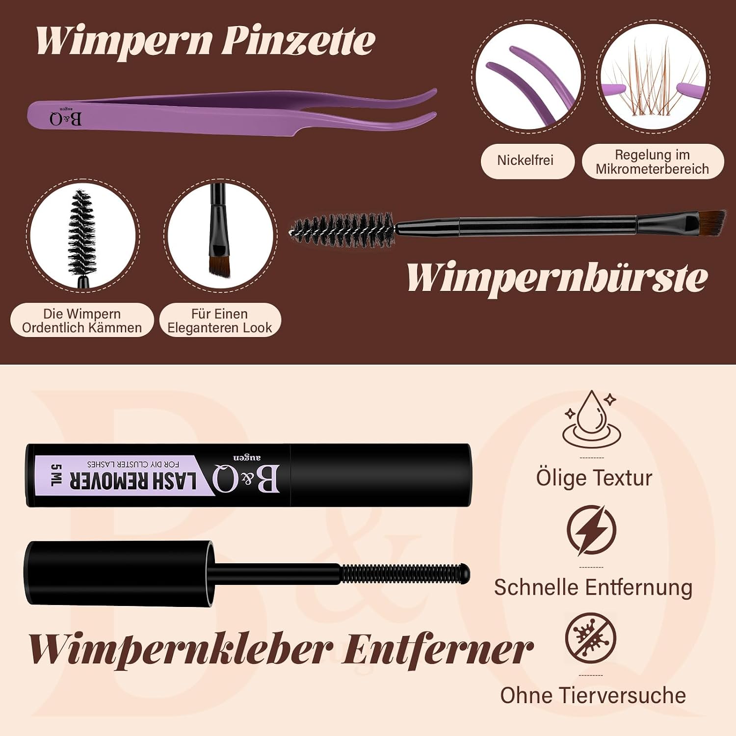 Detalle de B&Qaugen Lashes Extension Set Wispy Braun – DIY Braun Cluster-Lashes 8–16 mm, C-Curl mit Bond & Seal