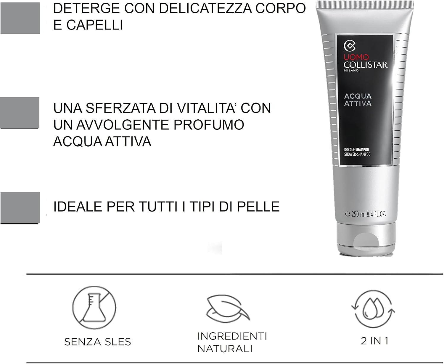 Detalle 2 de Collistar Acqua Attiva Doccia Shampoo Uomo 250 ml, detergente corpo e capelli senza SLES