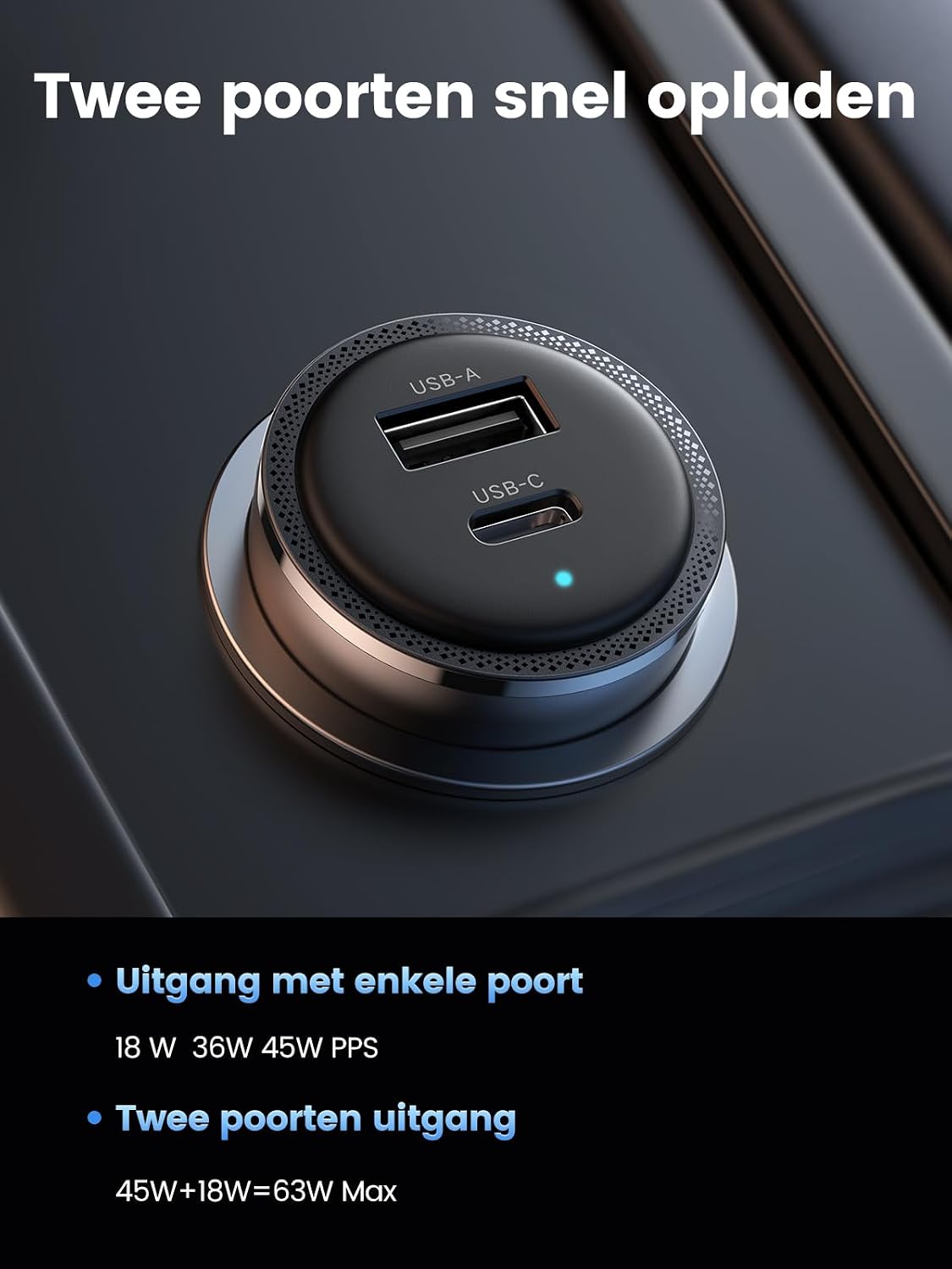 Thumbnail 2 de UGREEN 63W USB-C-autolader met PPS, 45W USB-C en 18W USB-A