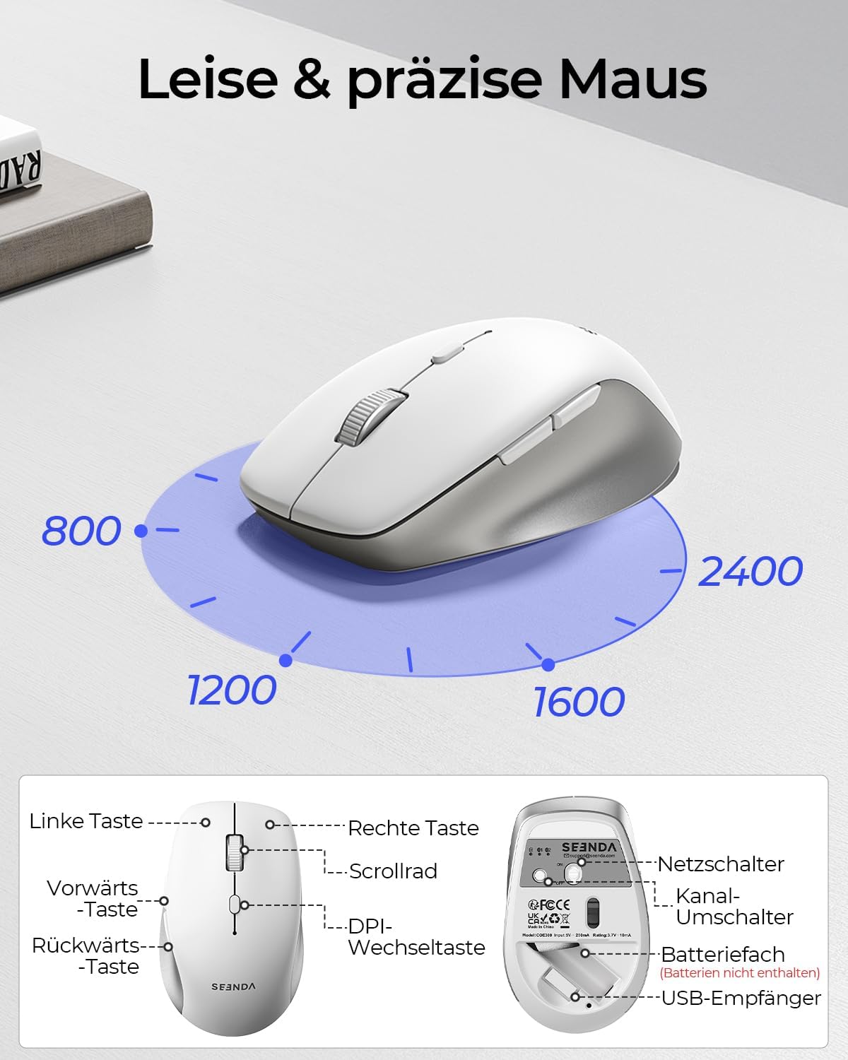 Detalle de Seenda COE300 – Kabellos-Set: Tastatur und Maus, Dual-Bluetooth + 2,4 GHz, ultradünn, QWERTZ, Weiß/Silber
