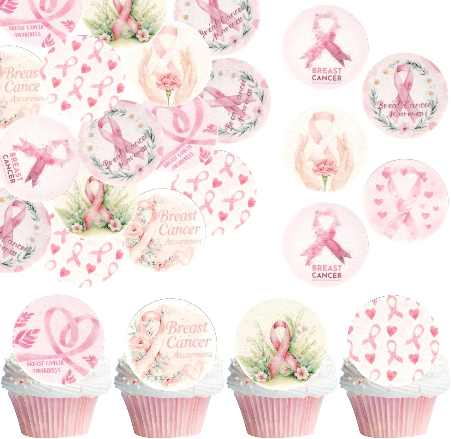 Xsstarmi 64-Pack Breast Cancer Awareness Edible Cupcake Toppers