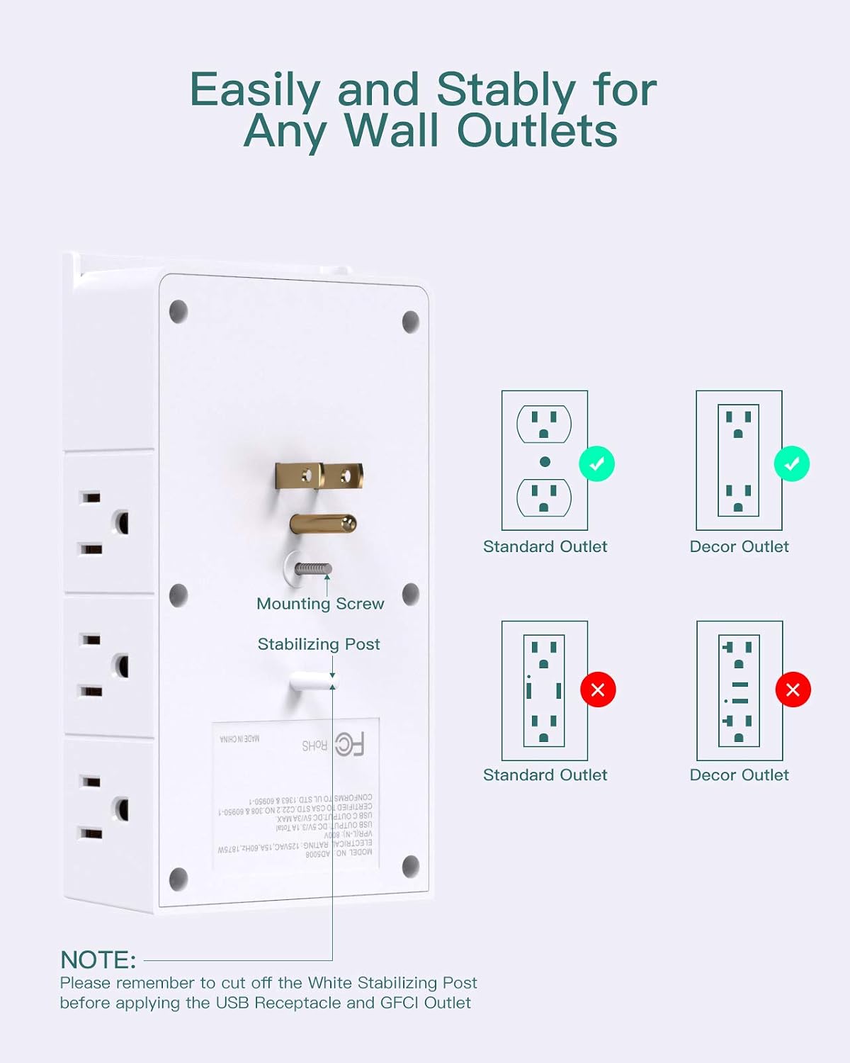 Detalle de Addtam AD5008 Wall Outlet Extender, 12 AC Outlets and 3 USB Ports