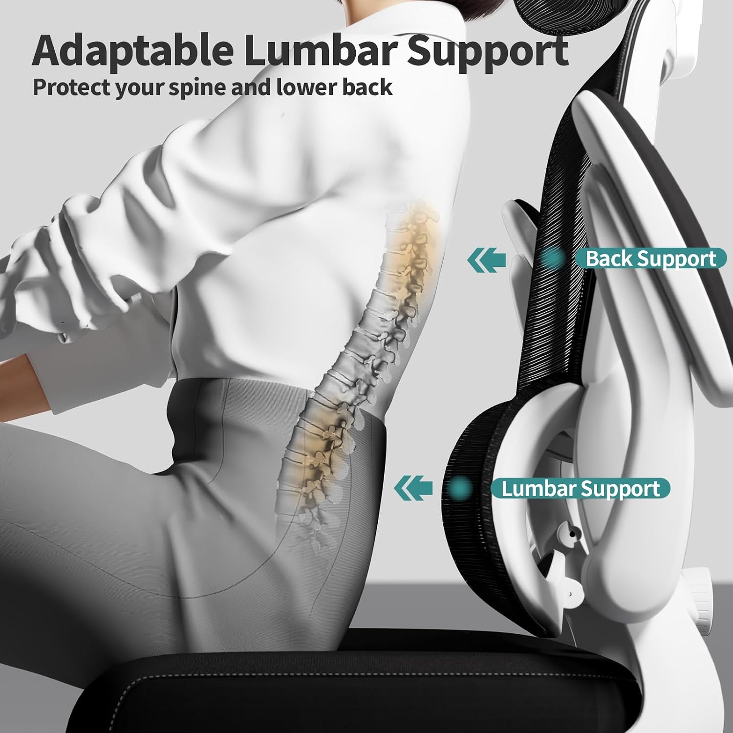 Detalle 2 de TRALT TRALT+ERG+YQ001-1-W-B-CA Ergonomic Mesh Office Chair, Adjustable Lumbar