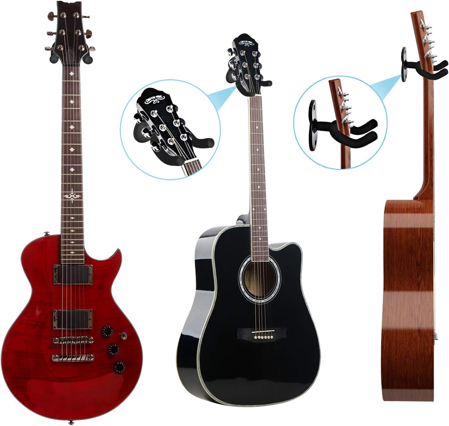 Detalle de MOREYES Gitarren-Wandhalterung 2er-Pack für Akustikgitarre, klassische Gitarre, Bass, E-Gitarre