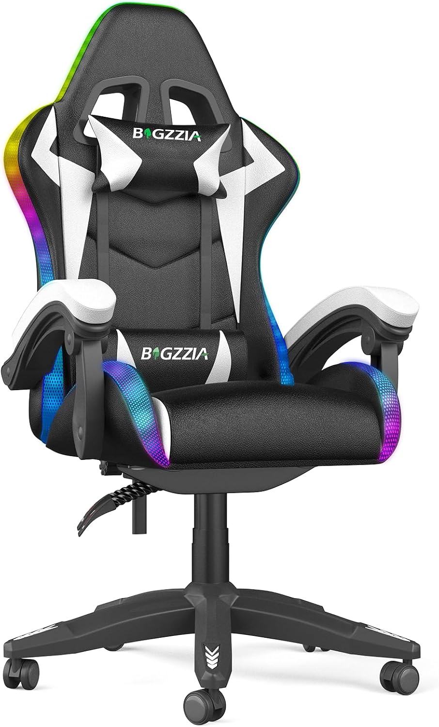 Detalle de Racingreat LED Gaming Stuhl mit RGB-Lichtleiste, Kopfstütze & Lendenwirbelstütze (90°–135°) – weiß