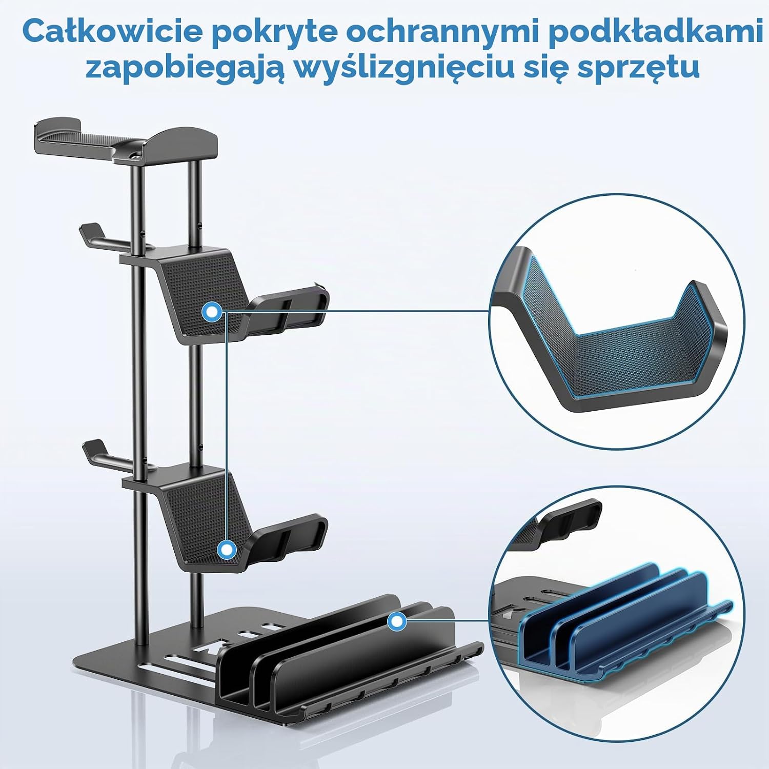 Detalle 2 de KDD KDD-713 – aluminiowy stojak na słuchawki i kontrolery z organizerem kabli