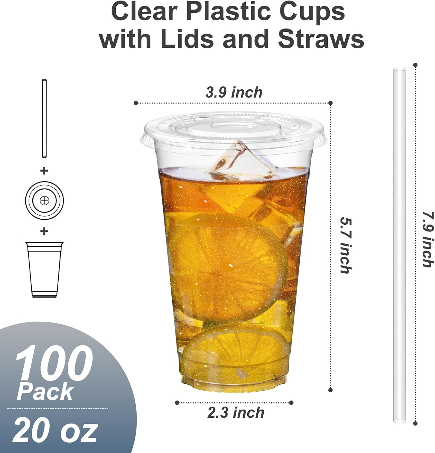 Thumbnail 1 de Dealusy 100 Pack: 20 oz Clear Plastic Cups with Lids and Straws