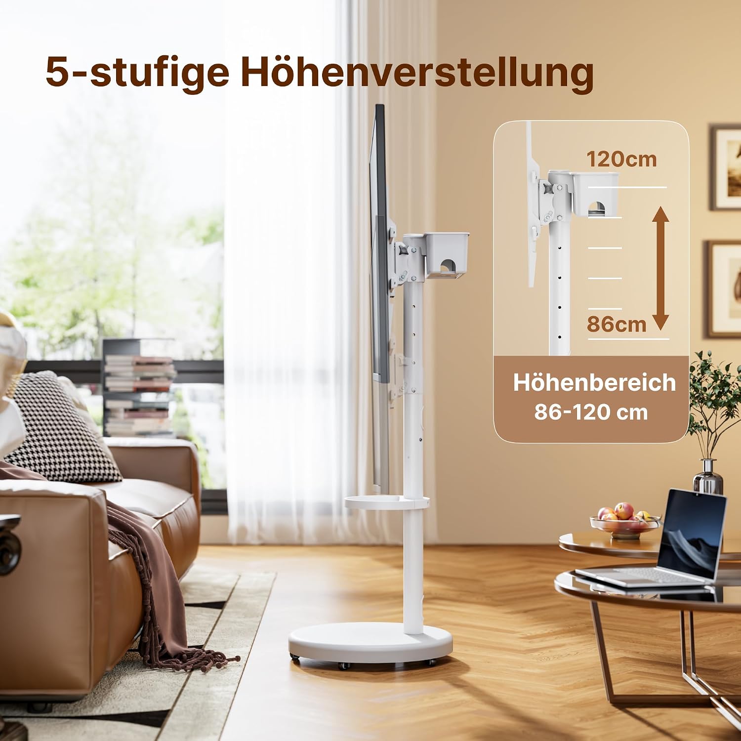 Thumbnail 1 de ECOTINY höhenverstellbarer rollbarer TV-Ständer für 37–86 Zoll (max. VESA 600×400 mm) bis 50 kg, weiß