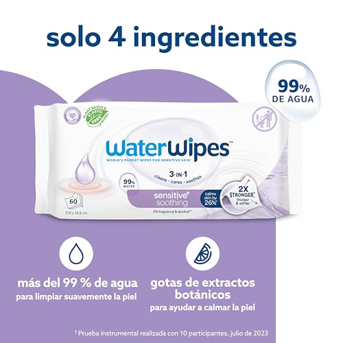 Detalle de WaterWipes Sensitive+ Soothing Clean Wipes, 6 Paquetes: limpieza suave para piel sensible