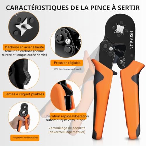 Detalle 2 de Pince à sertir Beizkna 0.25-10 mm² avec 1250 embouts de câblage — Sertissage précis et ergonomique