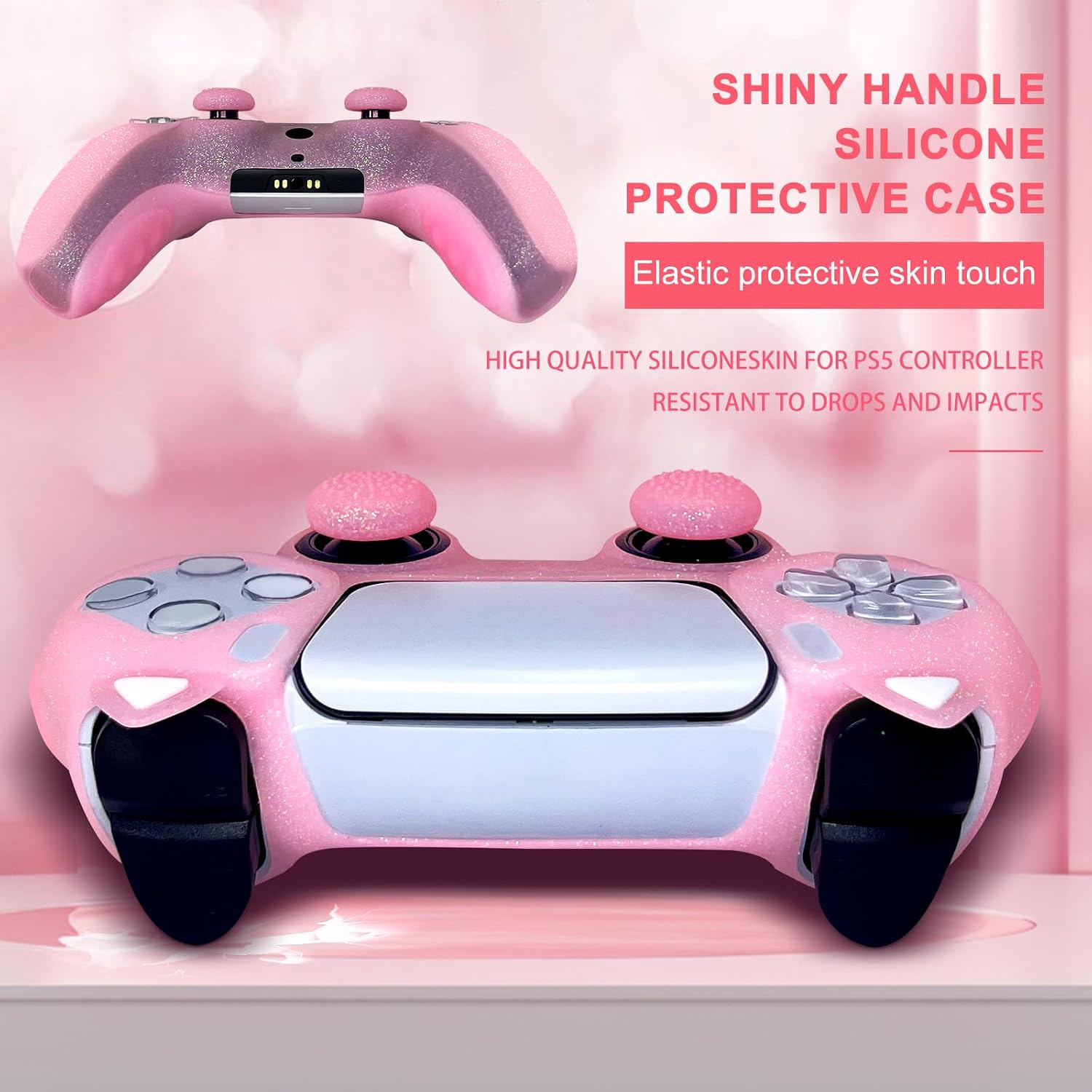 Detalle 2 de HLRAO Pink Cat Glitter Anti-Slip Silicone Controller Skin Grip Set for PS5 (8 thumb grips and 2 paw grips)