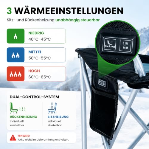 Detalle de Obqer Campingstuhl Faltbar Gepolstert Heavy Duty bis 180 kg mit USB-Heizung, Getränkehalter und Tragetasche