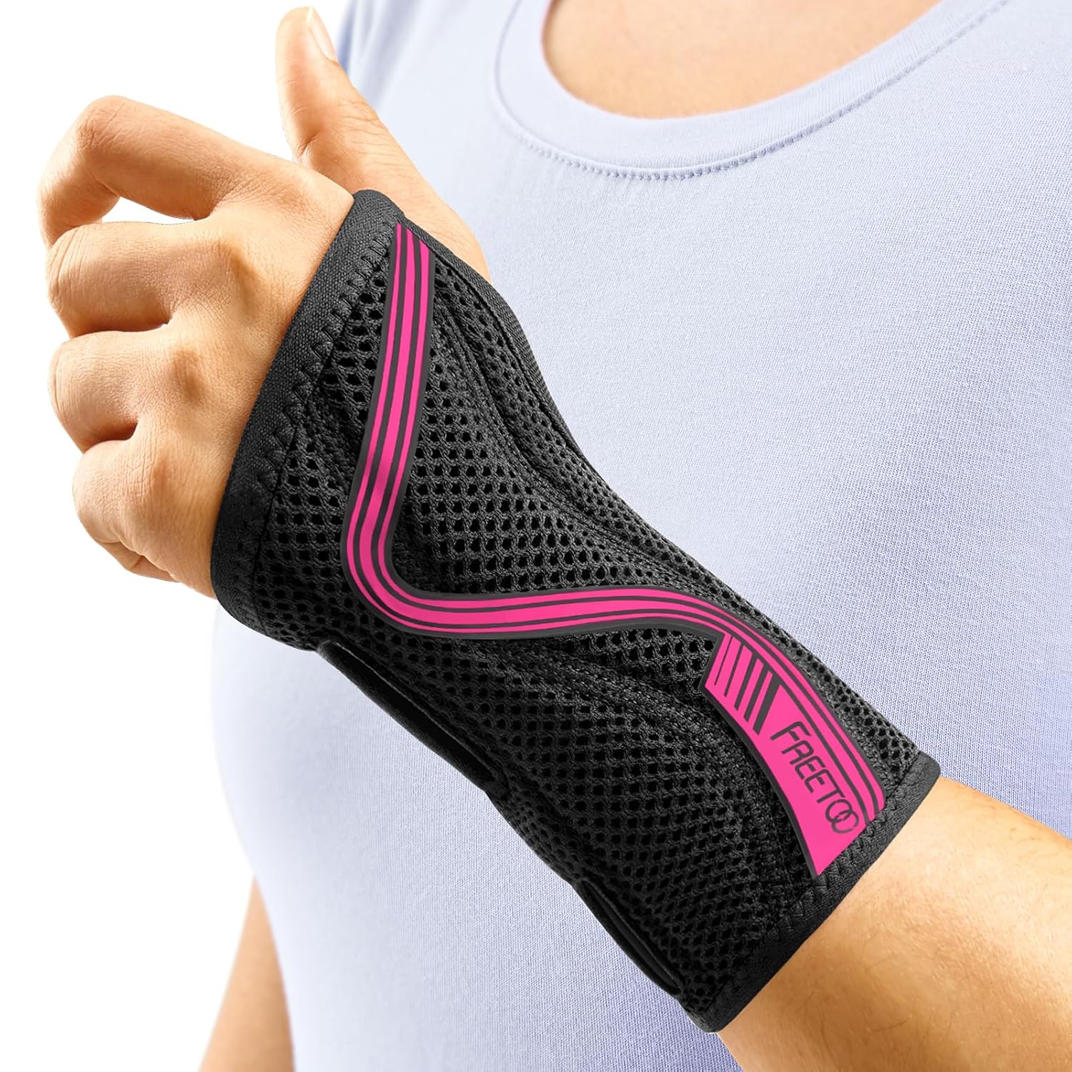 Detalle de FREETOO Wrist Brace for Carpal Tunnel – Medium, Left Hand, Anatomical S‑Shape Support