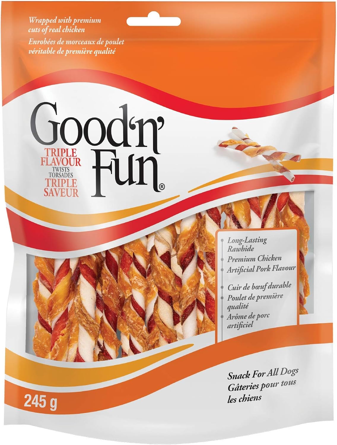 Detalle de Good 'N' Fun Triple Flavor Twist Sticks Dog Chews, 245 g, Chicken-Wrapped Rawhide