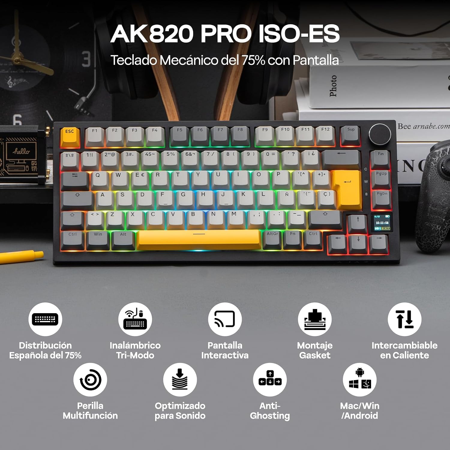 Detalle 2 de EPOMAKER Ajazz AK820 Pro ISO-ES: Teclado Mecánico Inalámbrico 75% con Pantalla TFT, Perilla y RGB para PC/Mac