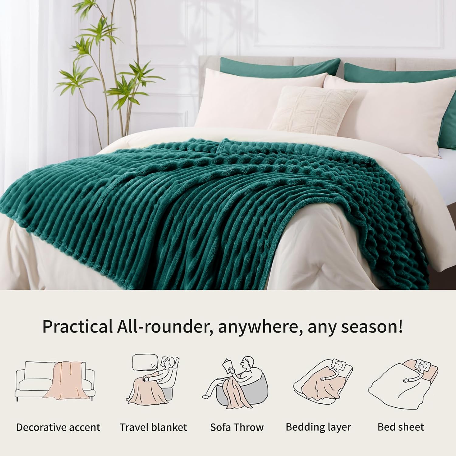 Thumbnail 6 de RUIKASI Fleece Throw Blanket for Sofa (130x150cm) – Fluffy Emerald Green ribbed sofa throw