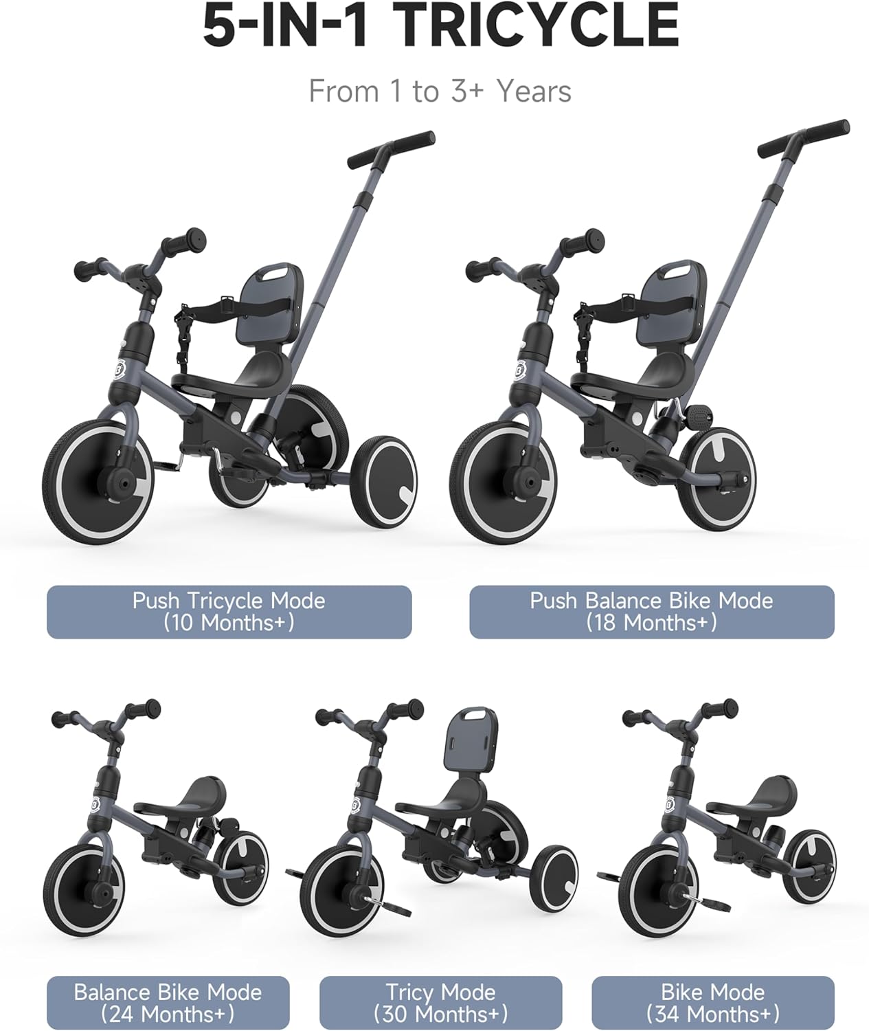 Thumbnail 1 de besrey 5-in-1 Toddler Tricycle with Push Handle: Grow with Me Trike for Ages 1–3