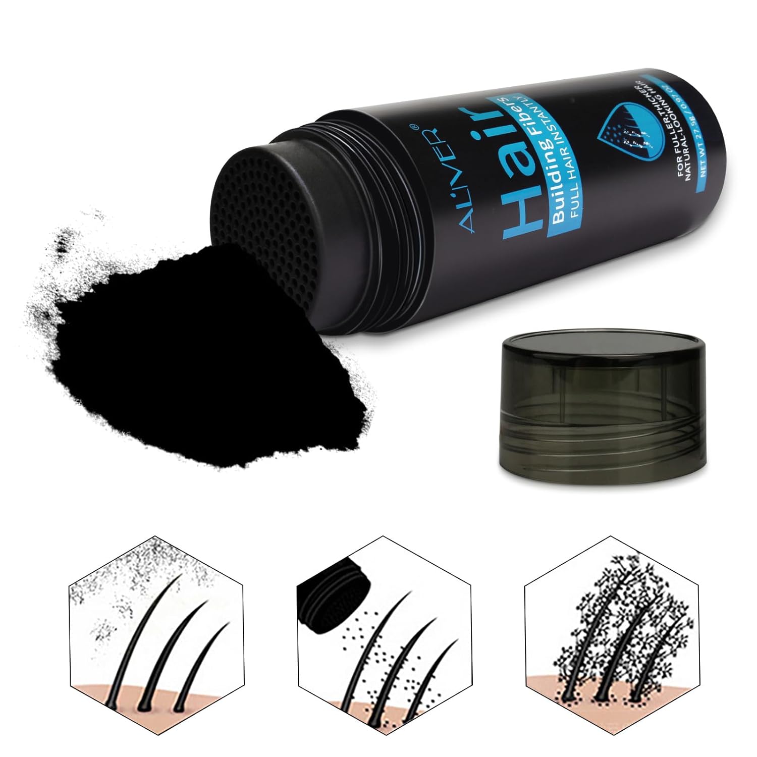 Thumbnail 5 de ALIVER Hair Fibers for Thinning Hair (Extra Spray Applicator) — Black Hair Powder Bald Spot Cover Up