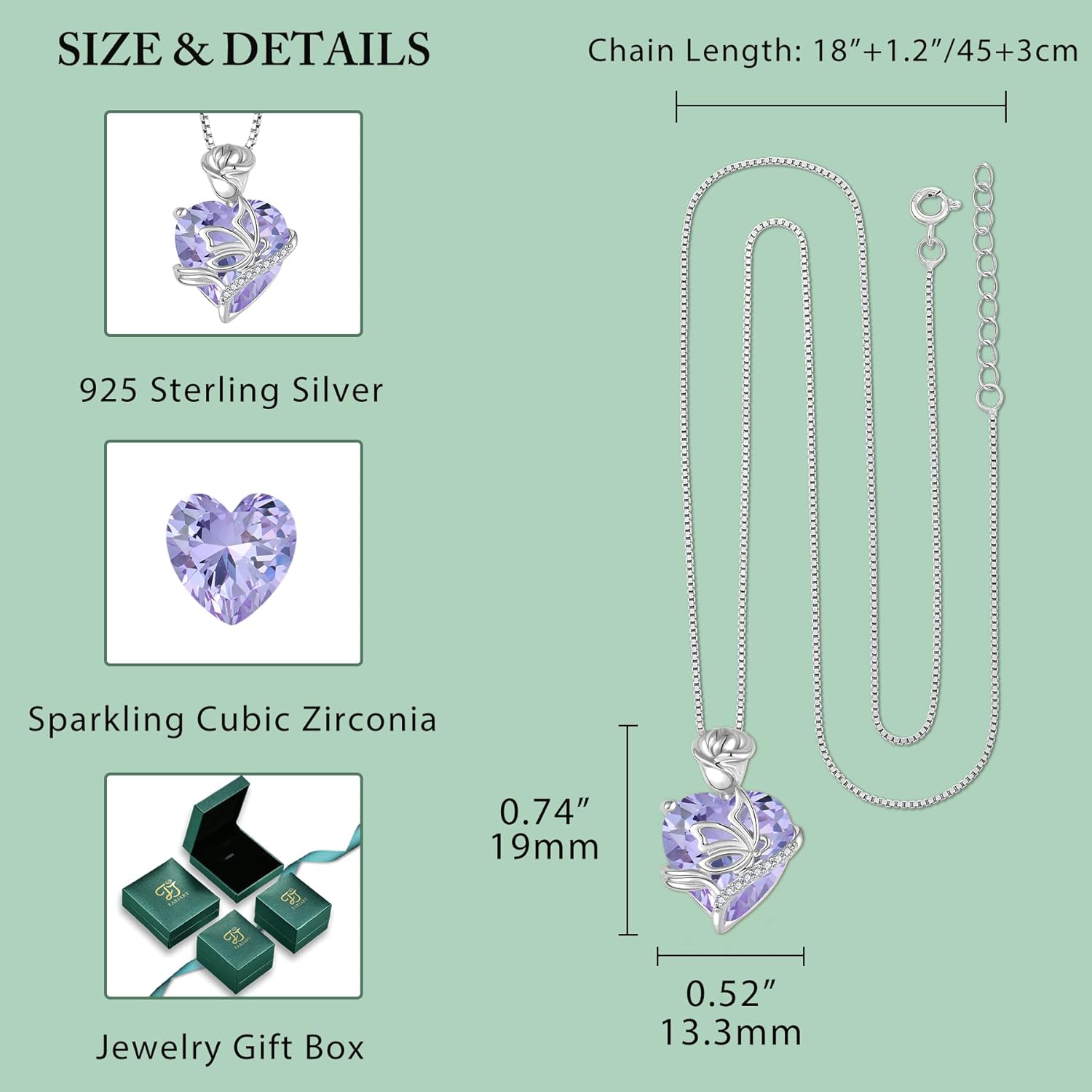 Thumbnail 4 de FJ Herz Geburtsstein Kette für Damen aus 925 Sterling Silber mit Schmetterling-Anhänger und Rosenblume