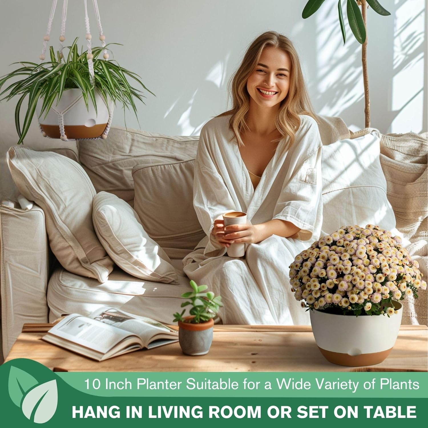 Detalle de montresor 10-Inch Hanging Planters, Self-Watering White PP Set of 2