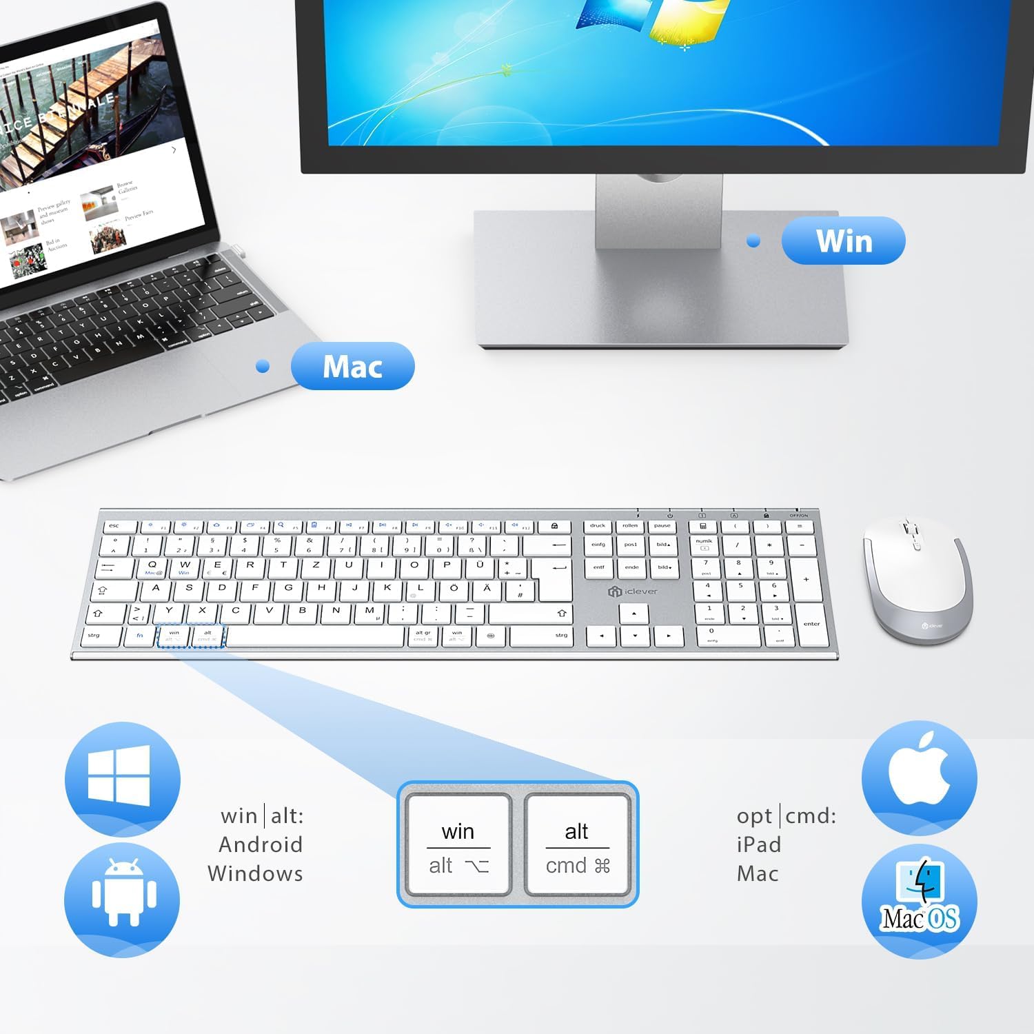 Detalle de iClever kabellose Tastatur und Maus Set (2,4G, USB‑C wiederaufladbar) für Windows und Mac