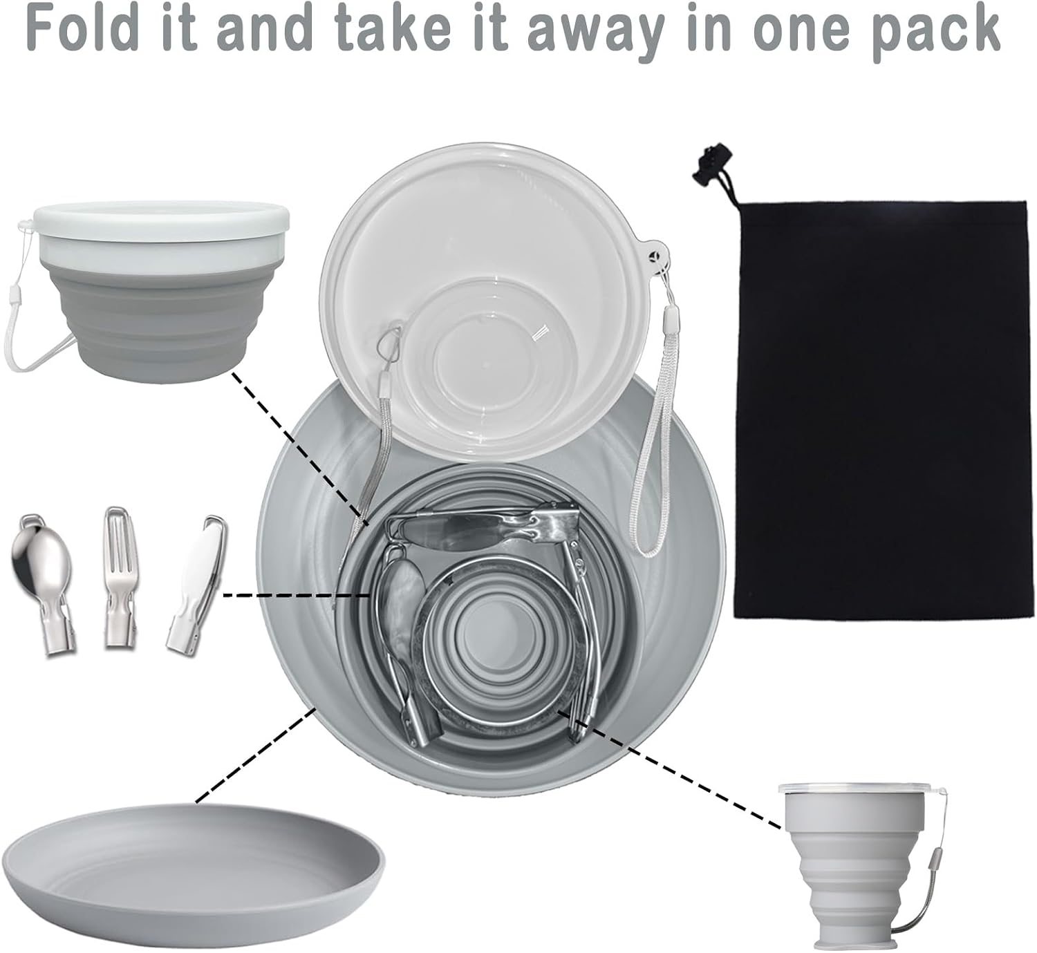 Detalle de 6 in 1 Foldable Camping Mess Kit with Stainless Steel Cutlery – Portable Outdoor Dining Set