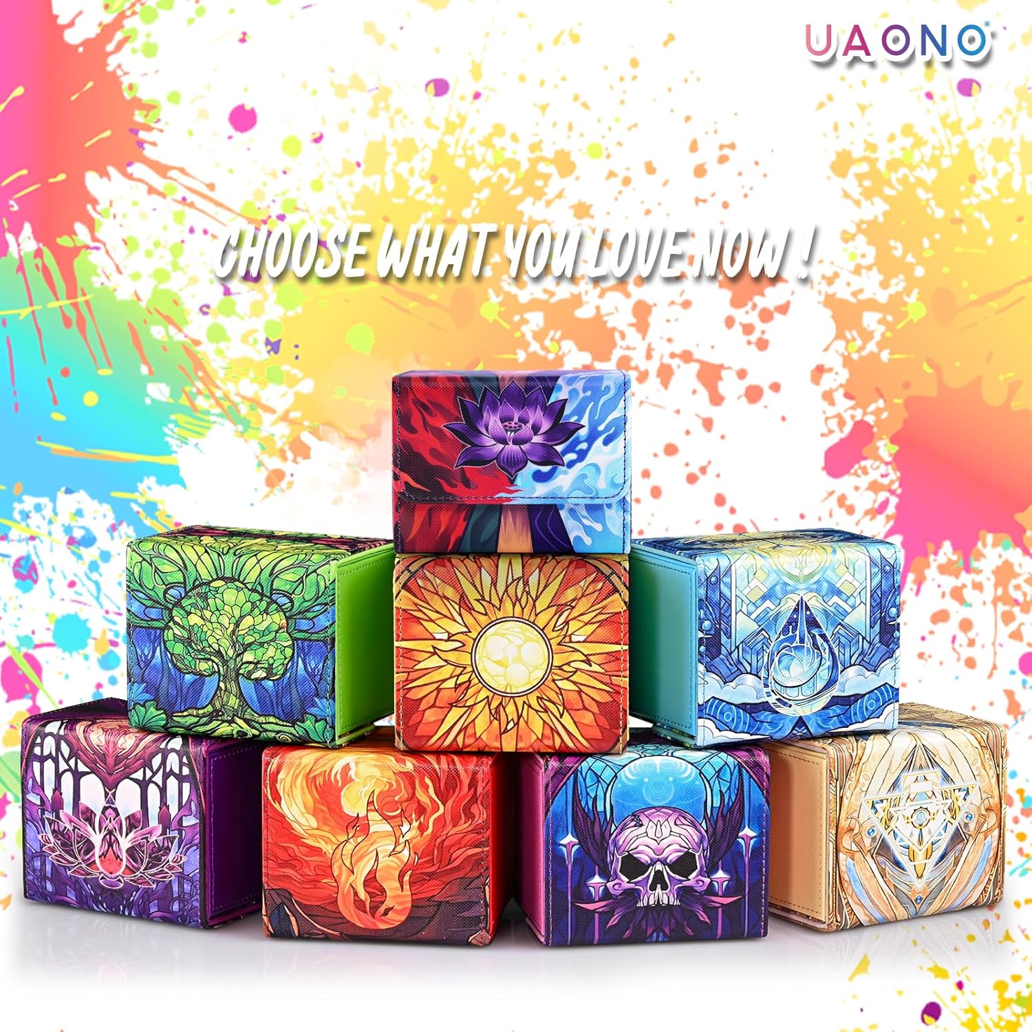 Detalle de UAONO Card Deck Box für MTG: Kartenbox für bis zu 120+ Sleeved Commander Deck (PU-Leder, Magnetverschluss, 2 Divider) – Schwarz/„Lotus“