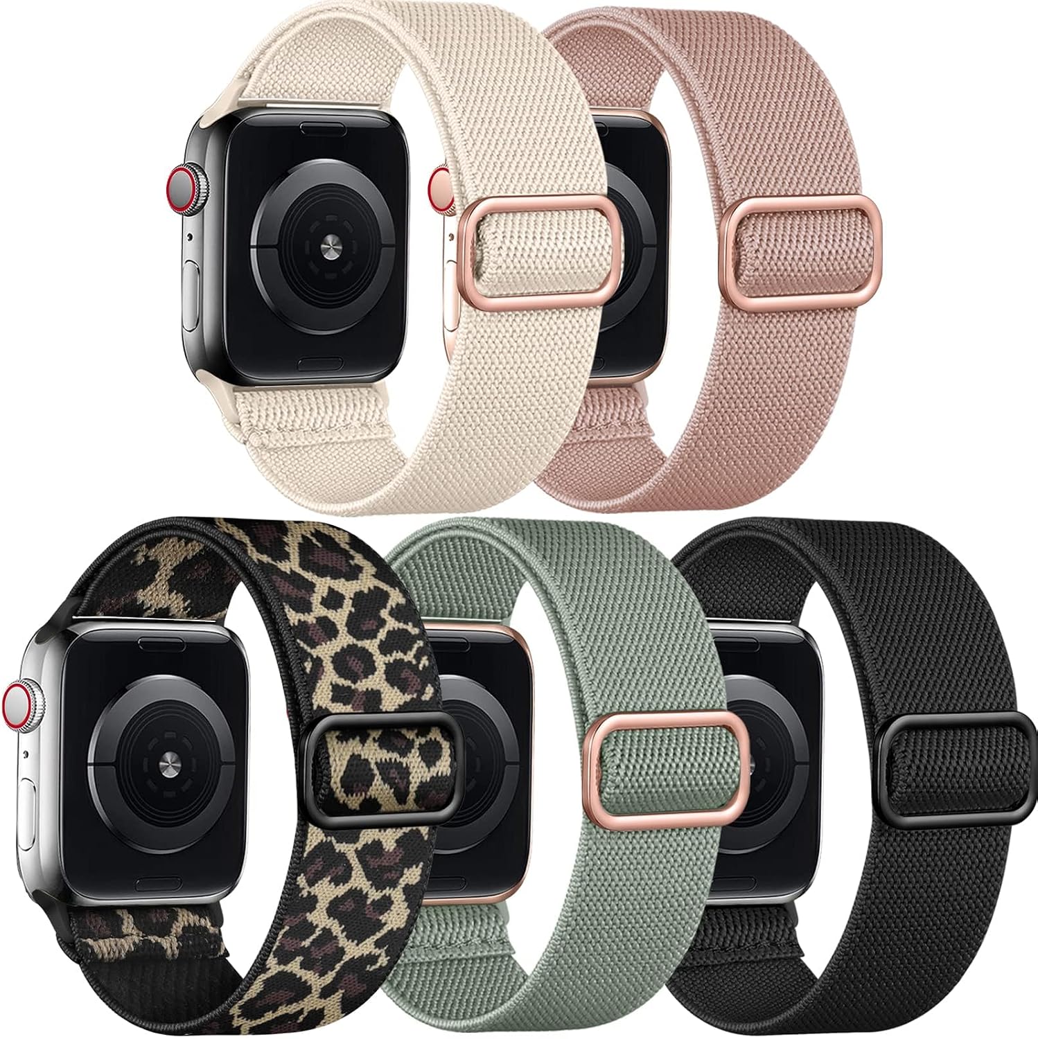 Detalle de Adorve 5 Pack Nylon Elastic Strap for Apple Watch (49mm–38/40/41/42mm) – Stretchy Solo Loop Bands