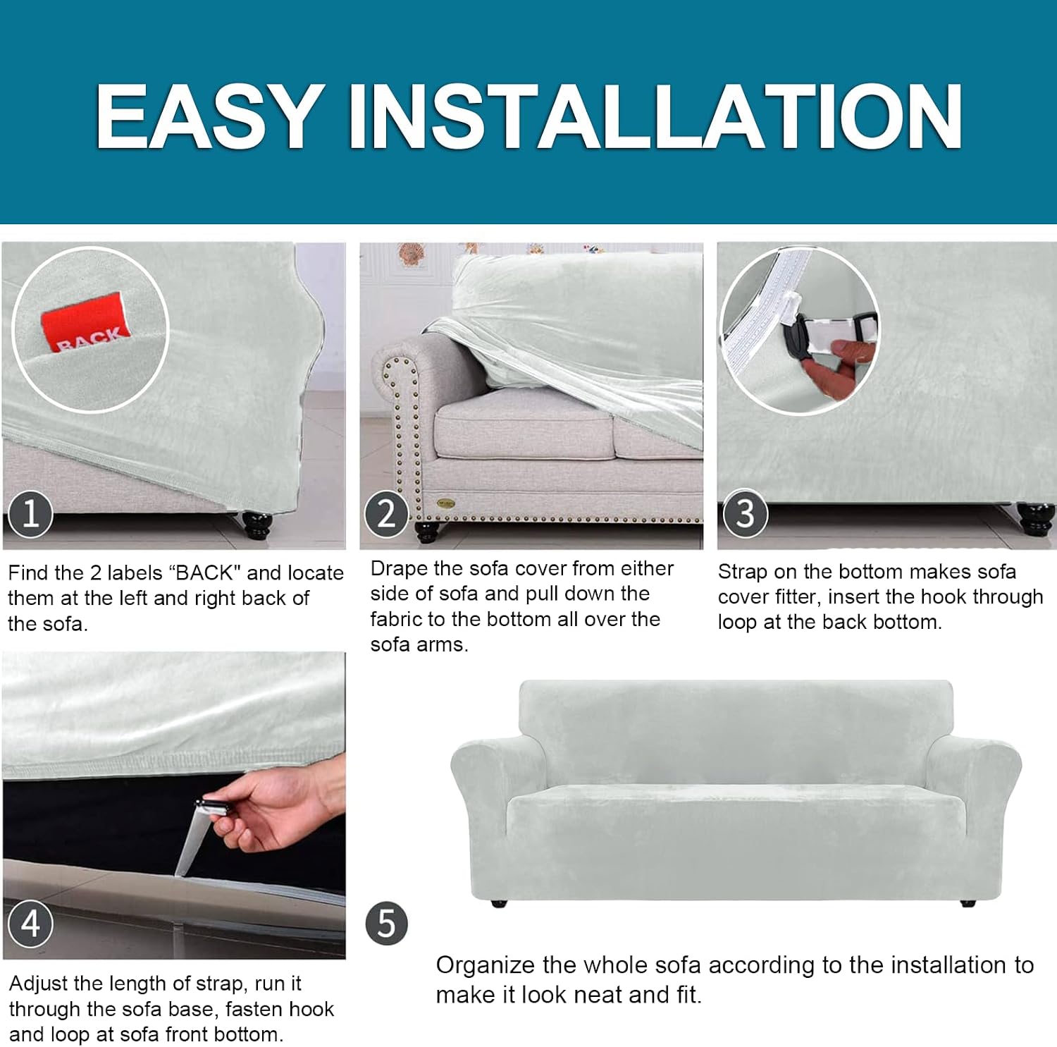 Thumbnail 6 de Housse de canapé en velours 3 places YSTELLAA – Protection extensible anti-égratignures et lavable Gris Argent