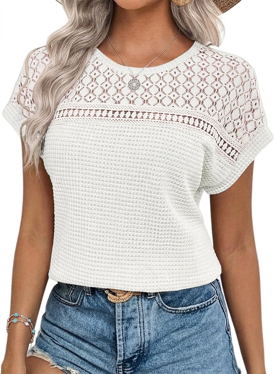 Detalle de Chicrise Damen Bluse Elegant Kurzarm Spitzenoberteil mit Häkel-Rundhals – Sommer/Frühling