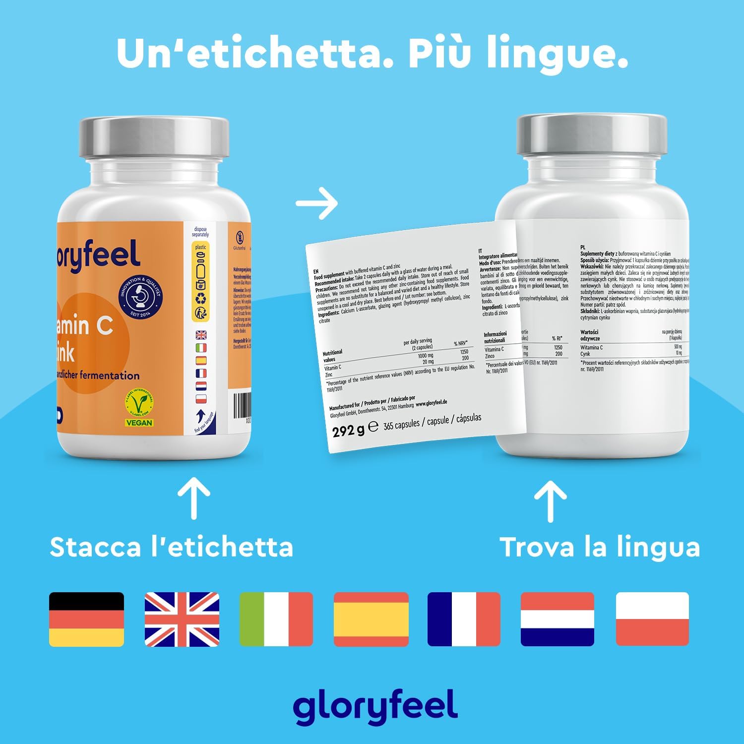 Thumbnail 6 de Vitamina C 500 mg + Zinco 10 mg 365 capsule vegan (scorta 1 anno) con ascorbato di calcio