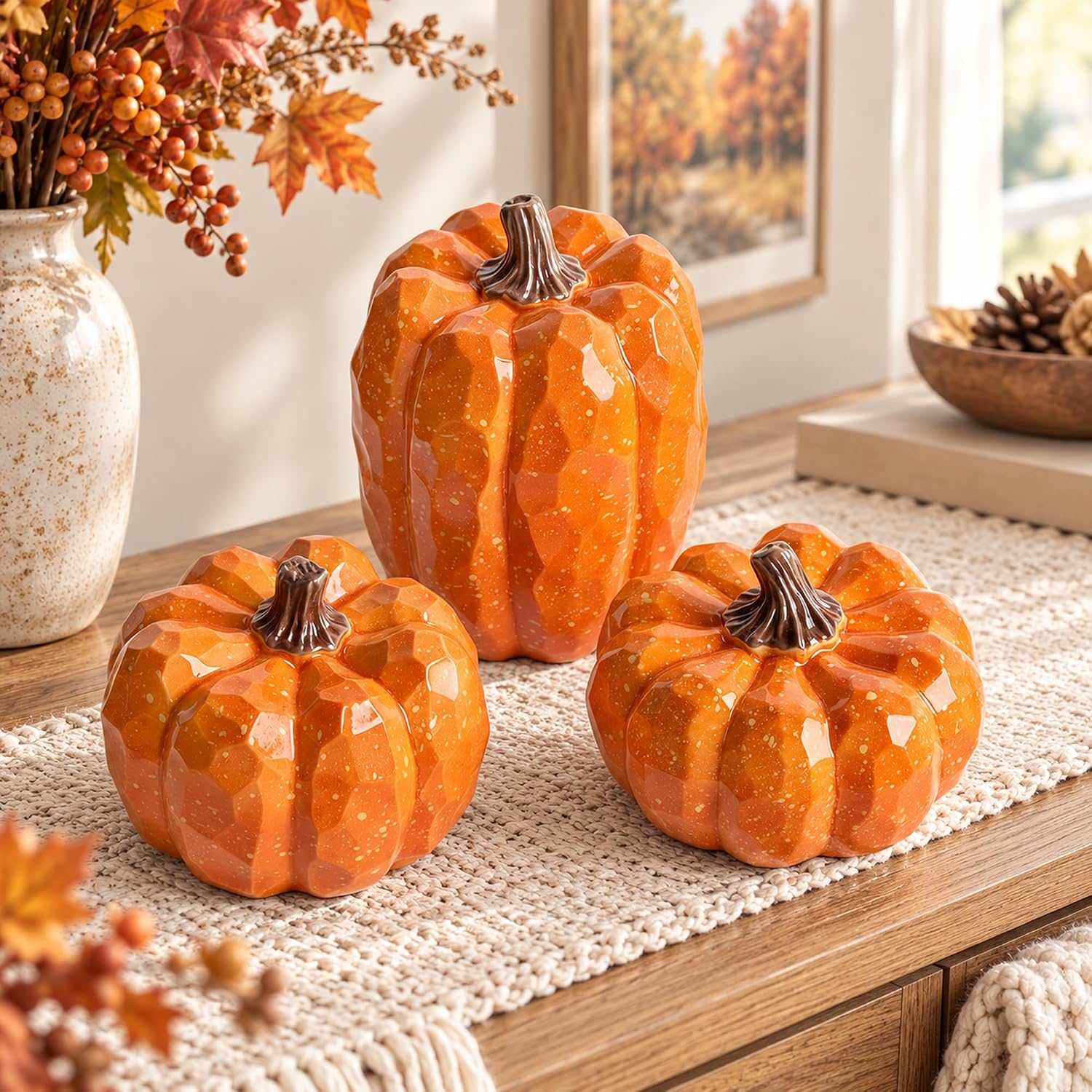 Detalle de winemana Orange Artificial Pumpkins, Set of 3 Resin Fall Decorations