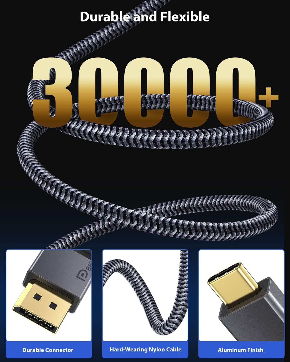 Detalle 2 de Maxonar USB‑C DisplayPort Kabel 1.4 – 8K/60Hz bis 2K@240Hz, Thunderbolt 3/4 zu DP 1.4