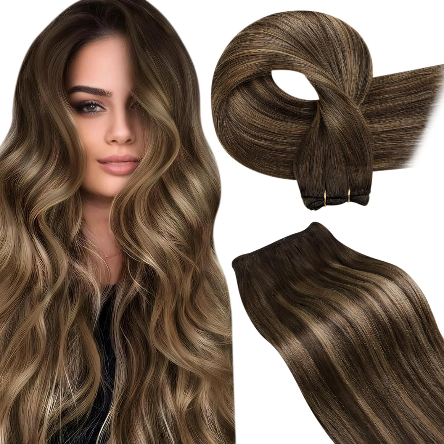 Detalle de LaaVoo Echthaar Extensions Tressen Braun Ombre – Echthaar zum Einnähen, 100 g, 55 cm, Dunkelbraun Balayage Caramel Blond