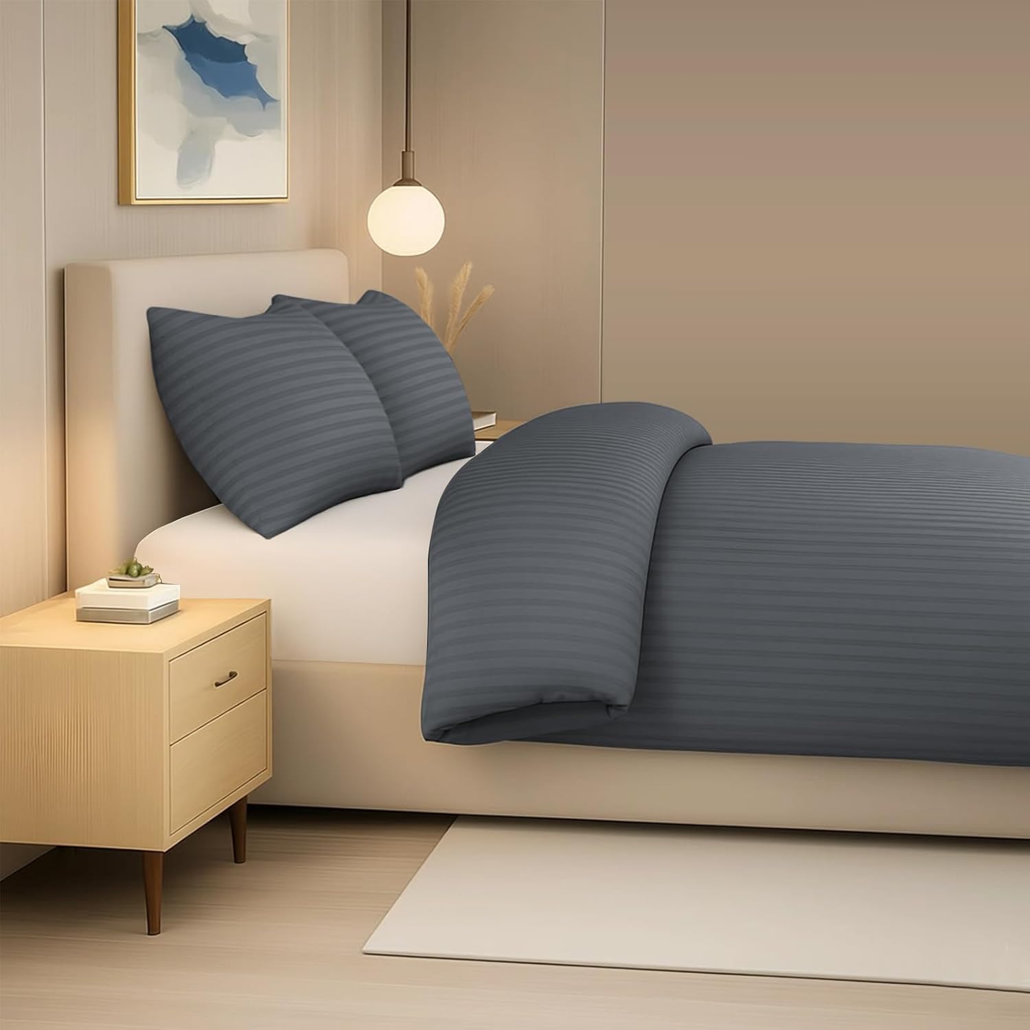 Detalle de Pamposh Satin Stripe Double Duvet Set – Premium Hotel Quality Microfibre Bedding