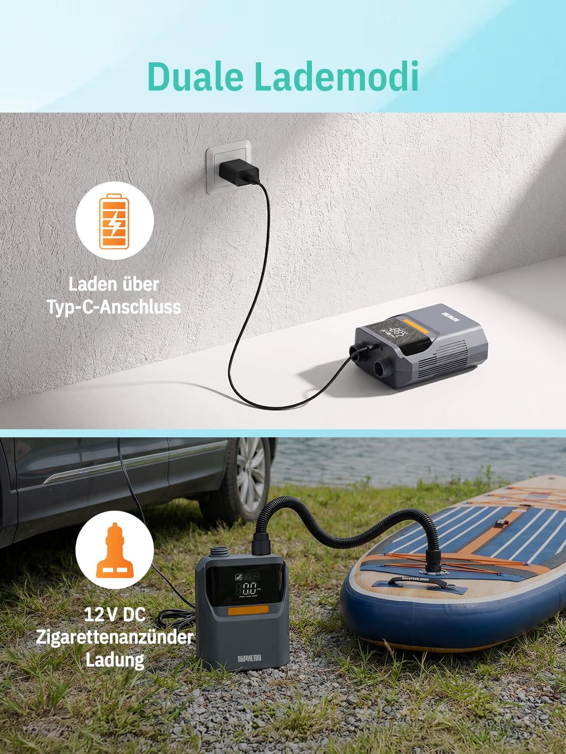 Detalle de Niphean Elektrische Luftpumpe Akku – 50 PSI, vielseitig einsetzbar für Reifen, SUPs, Zelte und mehr