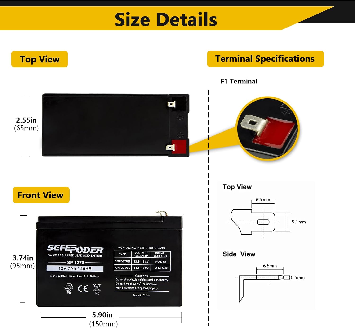Detalle 2 de SEFEPODER SP-1270 12V 7Ah Sealed Lead-Acid Battery, 2-Pack, F1 Terminals