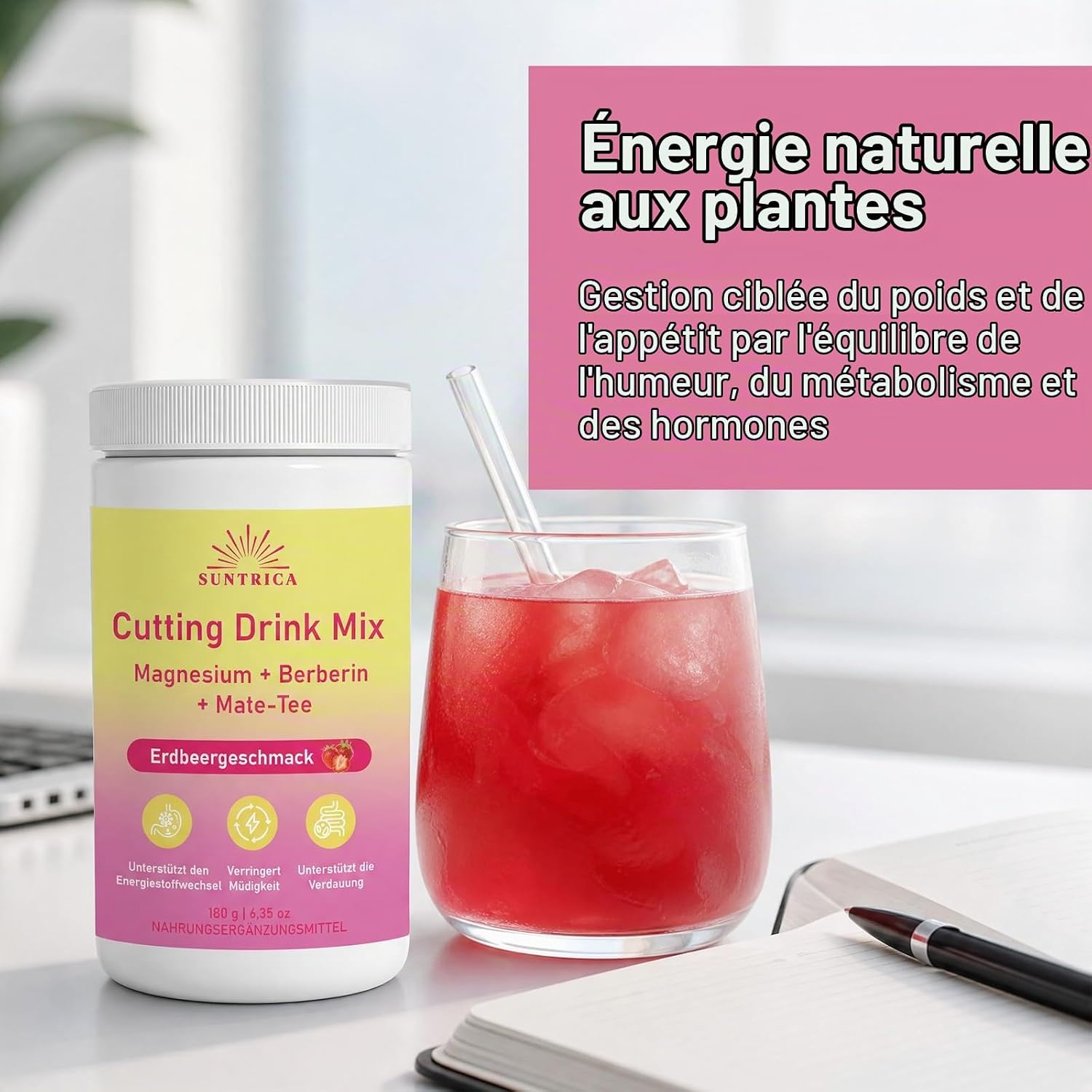 Thumbnail 6 de Suntrica poederdrank 180 g met yerba maté, magnesiumcitraat en aardbei