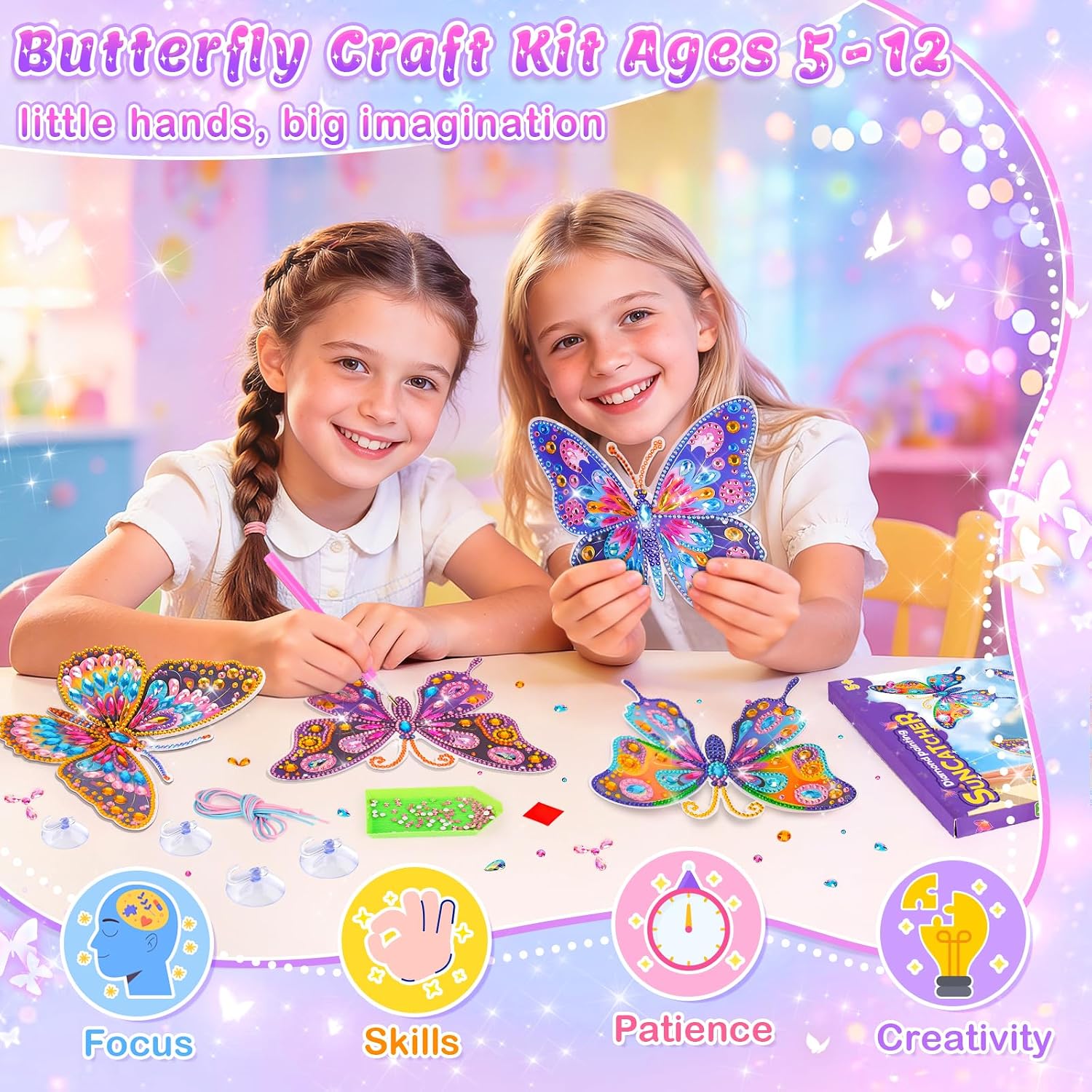 Detalle de Gifts for 5–12 Year Old Girls: 3D Butterfly Diamond Painting Sun Catcher Kit for Window Decoration