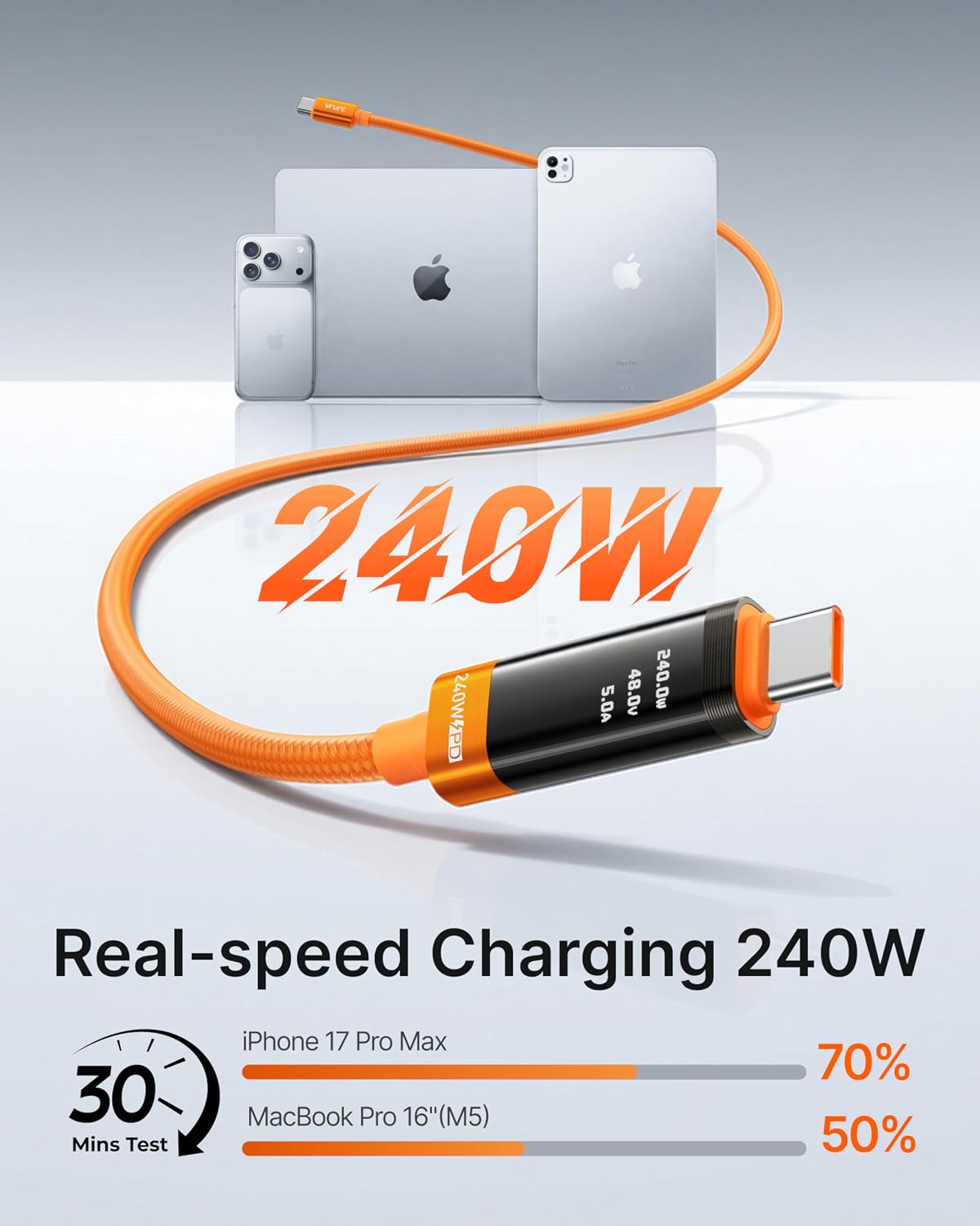 Detalle 2 de VRURC 240W USB-C to USB-C Cable with LED Display: Fast PD Charging and Ultra-Durability