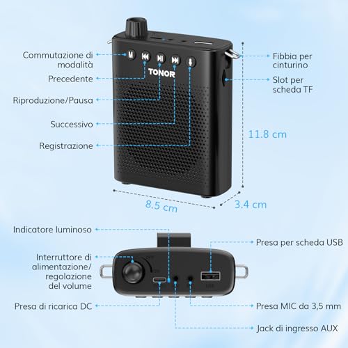 Detalle de TONOR K10 Amplificatore vocale portatile: potenza, mobilità e versatilità per insegnanti, guide e presentazioni