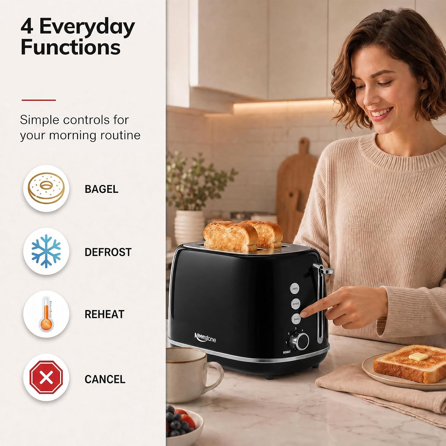 Thumbnail 3 de Keenstone 2-Slice Retro Stainless Steel Toaster with Bagel, Defrost, Cancel, and 6 Browning Settings