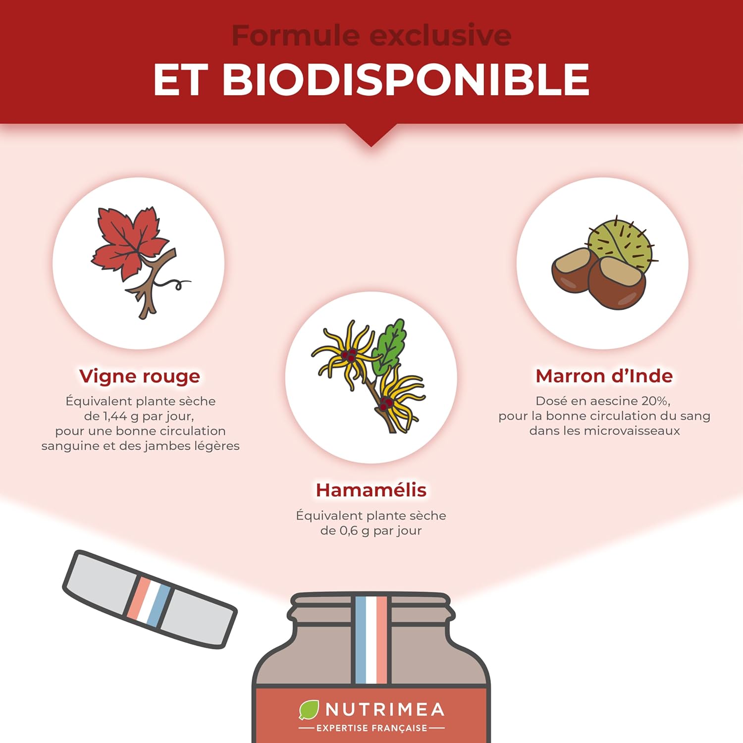 Thumbnail 3 de Nutrimea Circulation Sanguine Jambes – drainage lymphatique au vignoble rouge, marron d’Inde & hamamélis (90 gélules vegan, fabriqué en France)