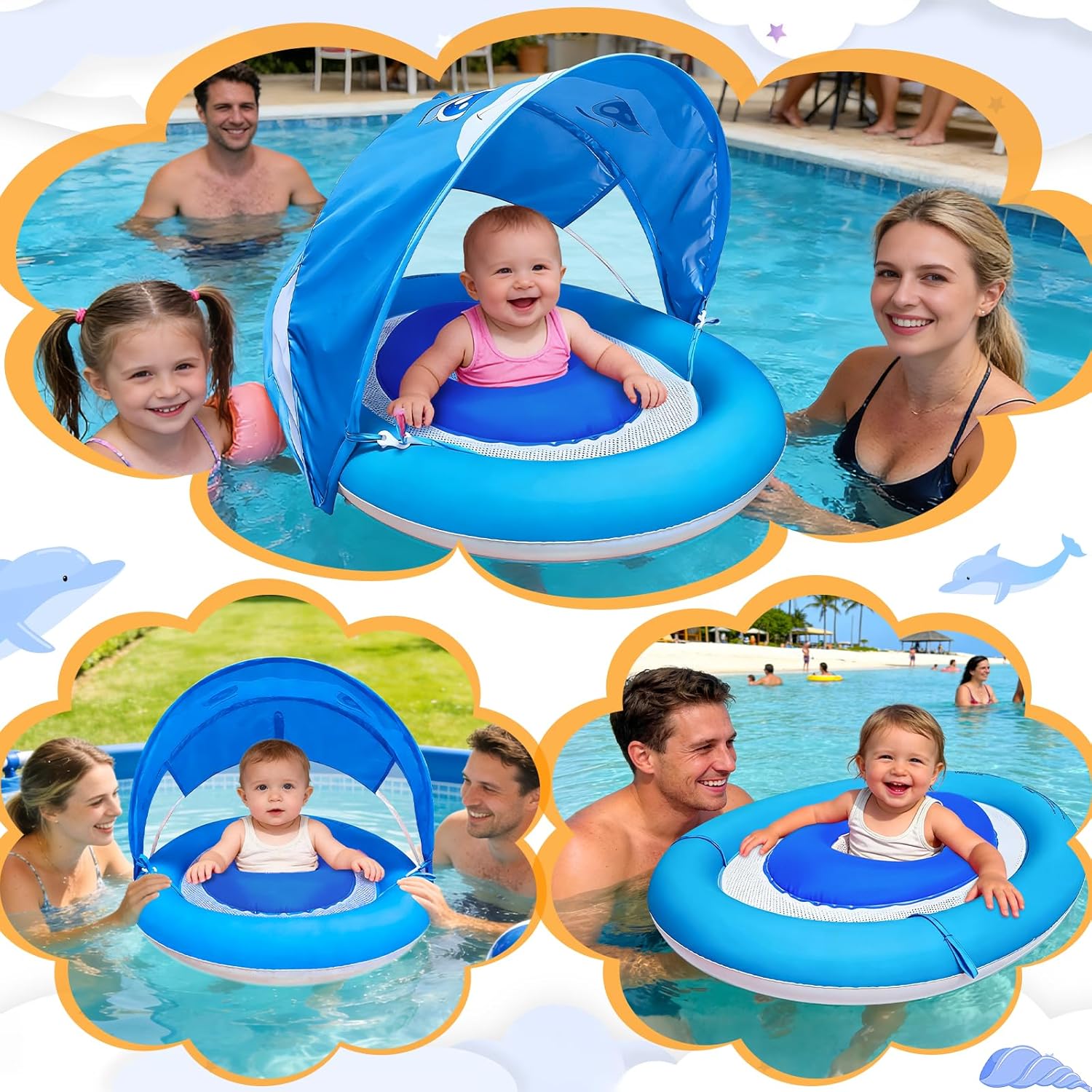 Detalle 2 de Baby Pool Float with Canopy UPF50+ for Ages 6-36 Months: 4-Stage Canopy, Anti-Tip Seat & Dual Air Chambers