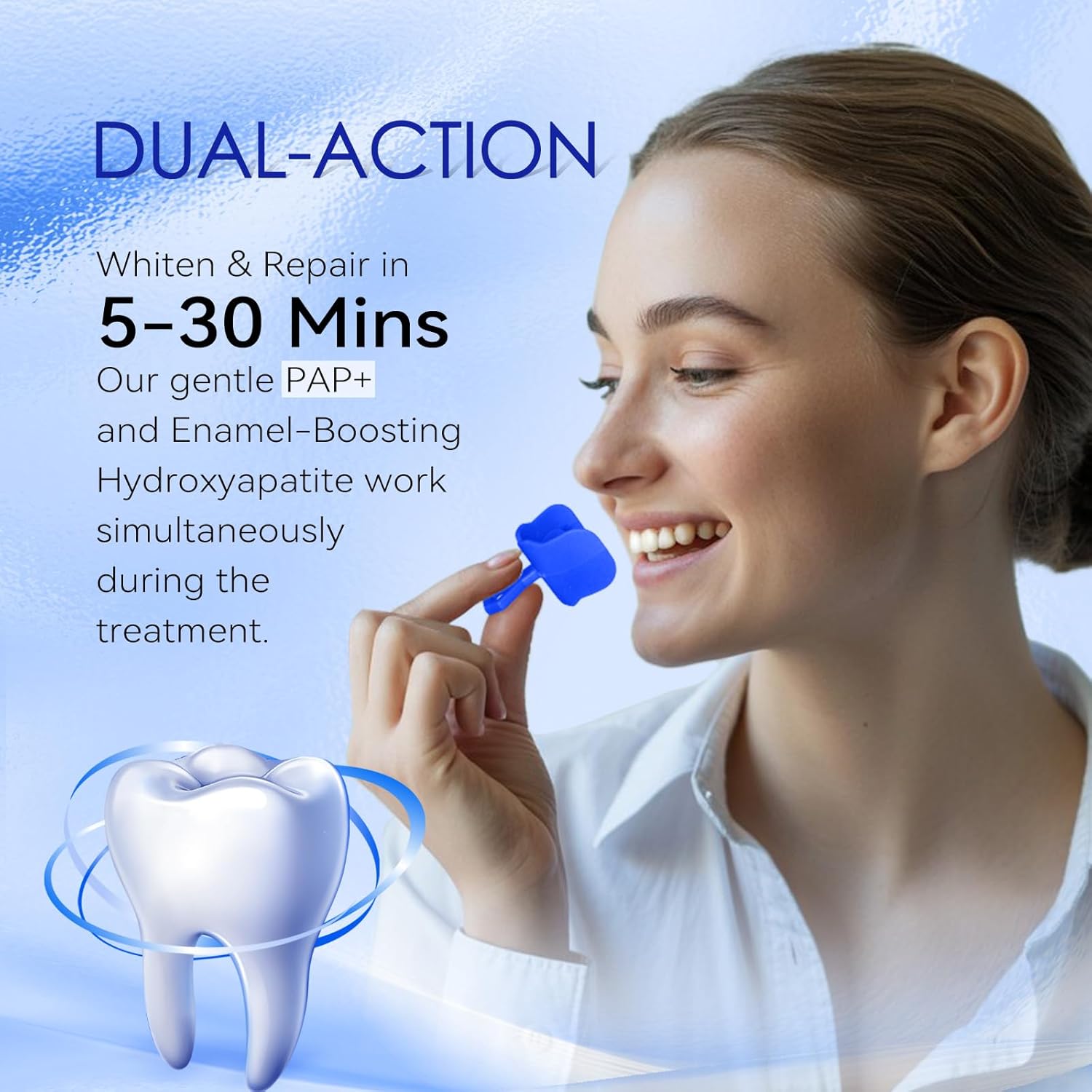 Detalle de Kit blanchiment dentaire PAP+ : gel PAP 10 ml + plateau réutilisable, sans peroxyde et sans sensibilité (goût menthe)