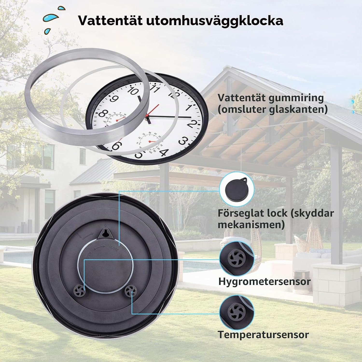 Thumbnail 2 de ACCSHINE Horloge murale étanche väggklocka, 30 cm, termometer och hygrometer
